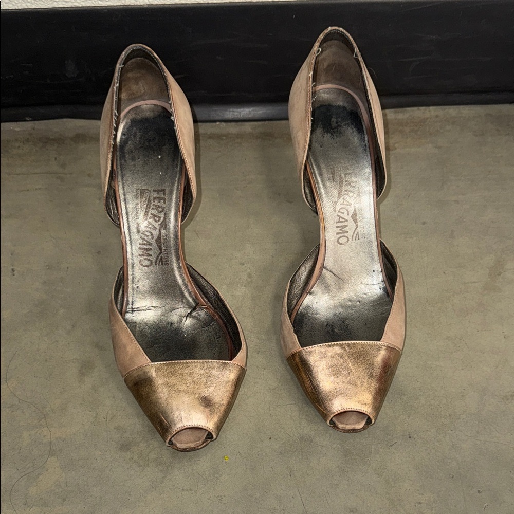 Salvatore Ferragamo Metallic Bronze Peep Toe‎ D'Orsay Heels